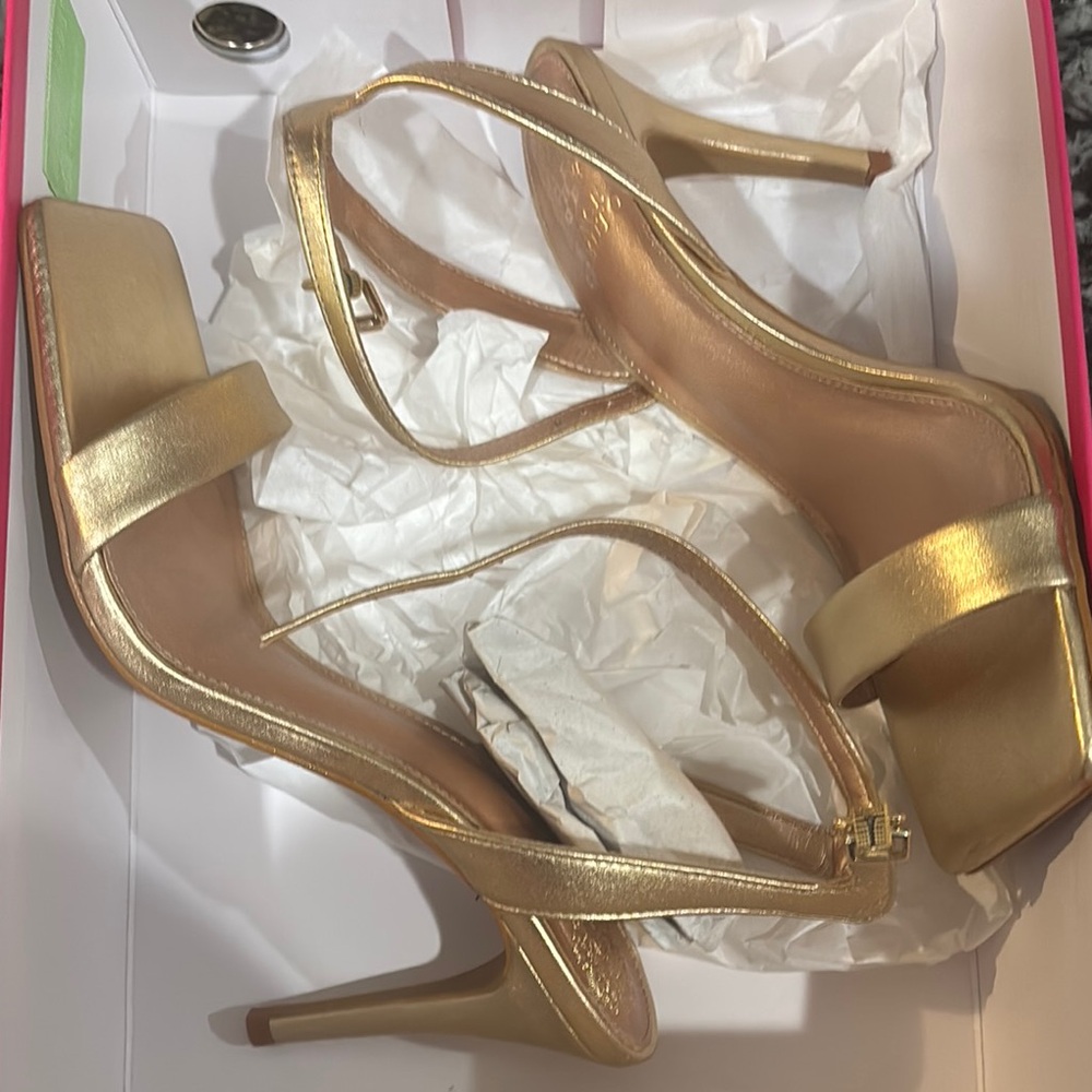 Vince Camuto Gold Stiletto Heels with Ankle Strap